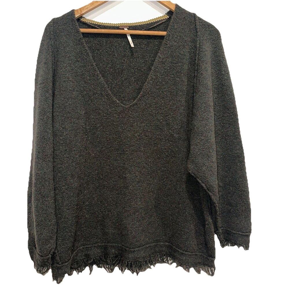 Free People V-Neck Wool Blend Sweater S Green Oversized Slouchy Pullover